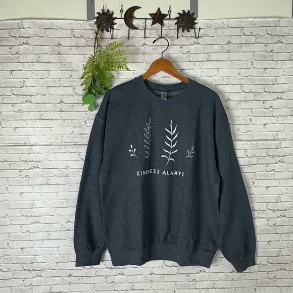 Gildan Sweaters - Minimalist Art Ferns Leaves Kindness Always Charcoal Gray Crewneck Sweatshirt